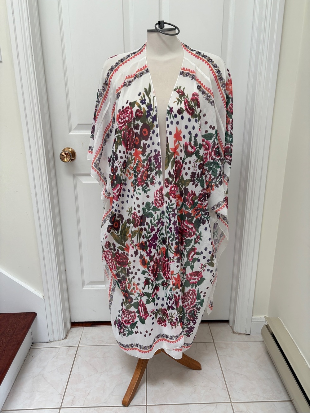 Floral Polka Dot Open-Front Kimono- White with Pink & Green - Picture 4 of 9